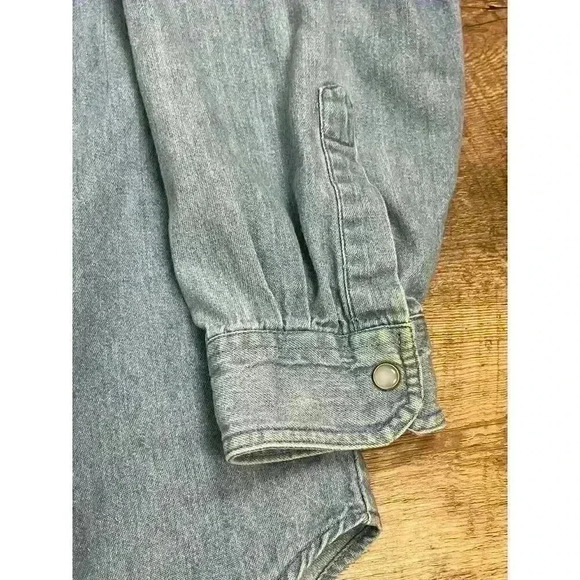 Vtg 80's Whistles Pearl Snap Denim Button Up Shirt Bear Embroidered Size M - Picture 6 of 12